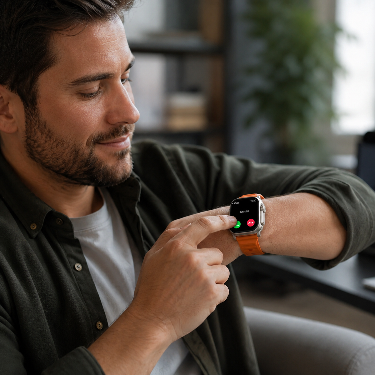 Homem a atender chamada no Smartwatch C900 Ultra 2 laranja