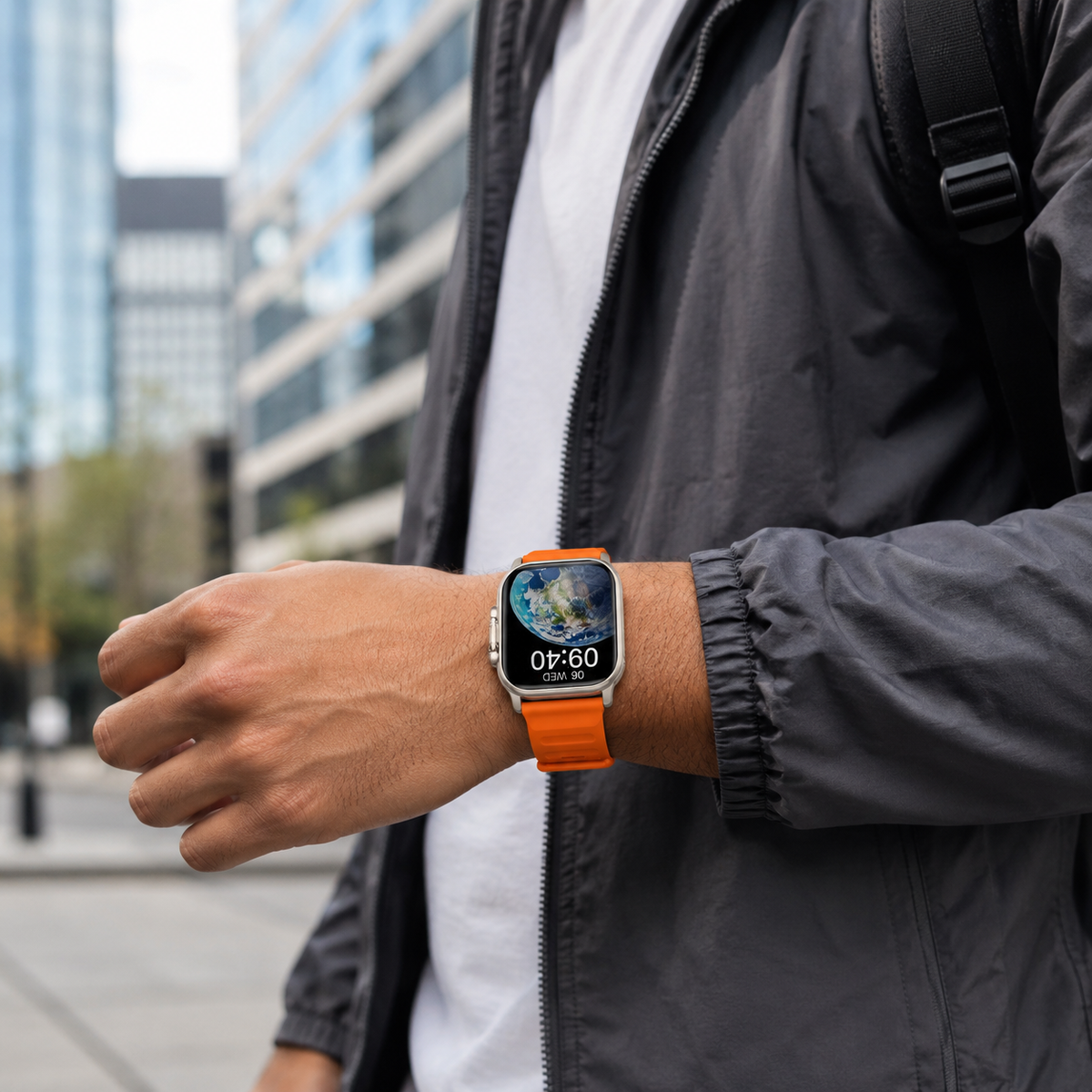 Smartwatch C900 Ultra 2 laranja em ambiente urbano