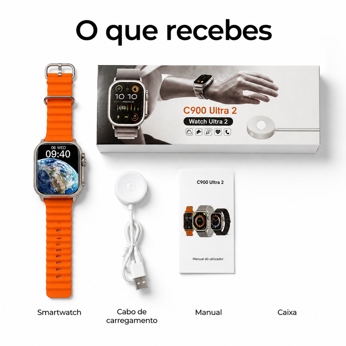 Conteúdo da caixa do Smartwatch C900 Ultra 2