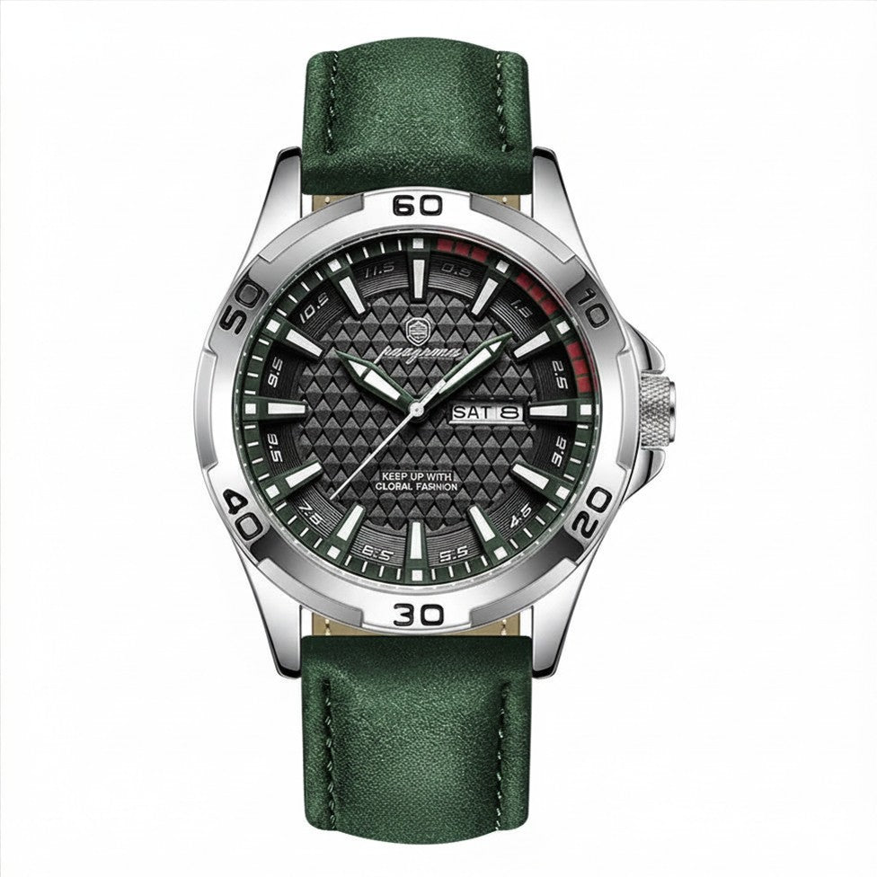 Relógio com Mostrador Verde e Bracelete em Estilo Pele