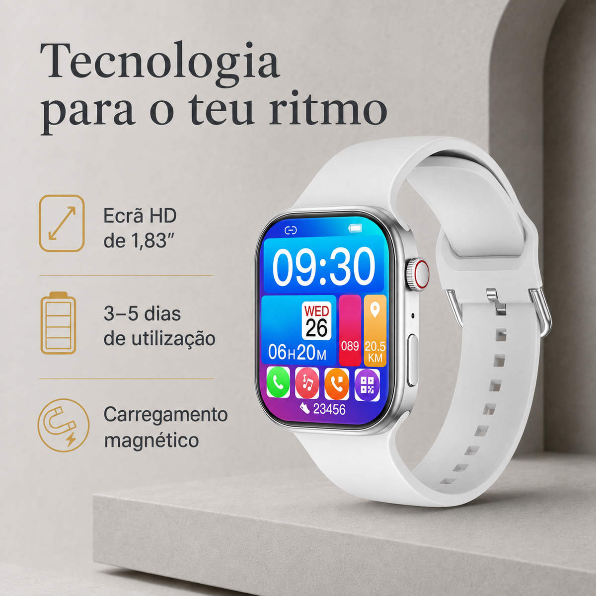 Smartwatch P98 com ecrã HD, autonomia e carregamento magnético