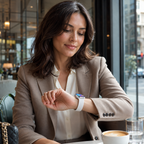 Mulher bem vestida a consultar o Smartwatch P98 num café moderno