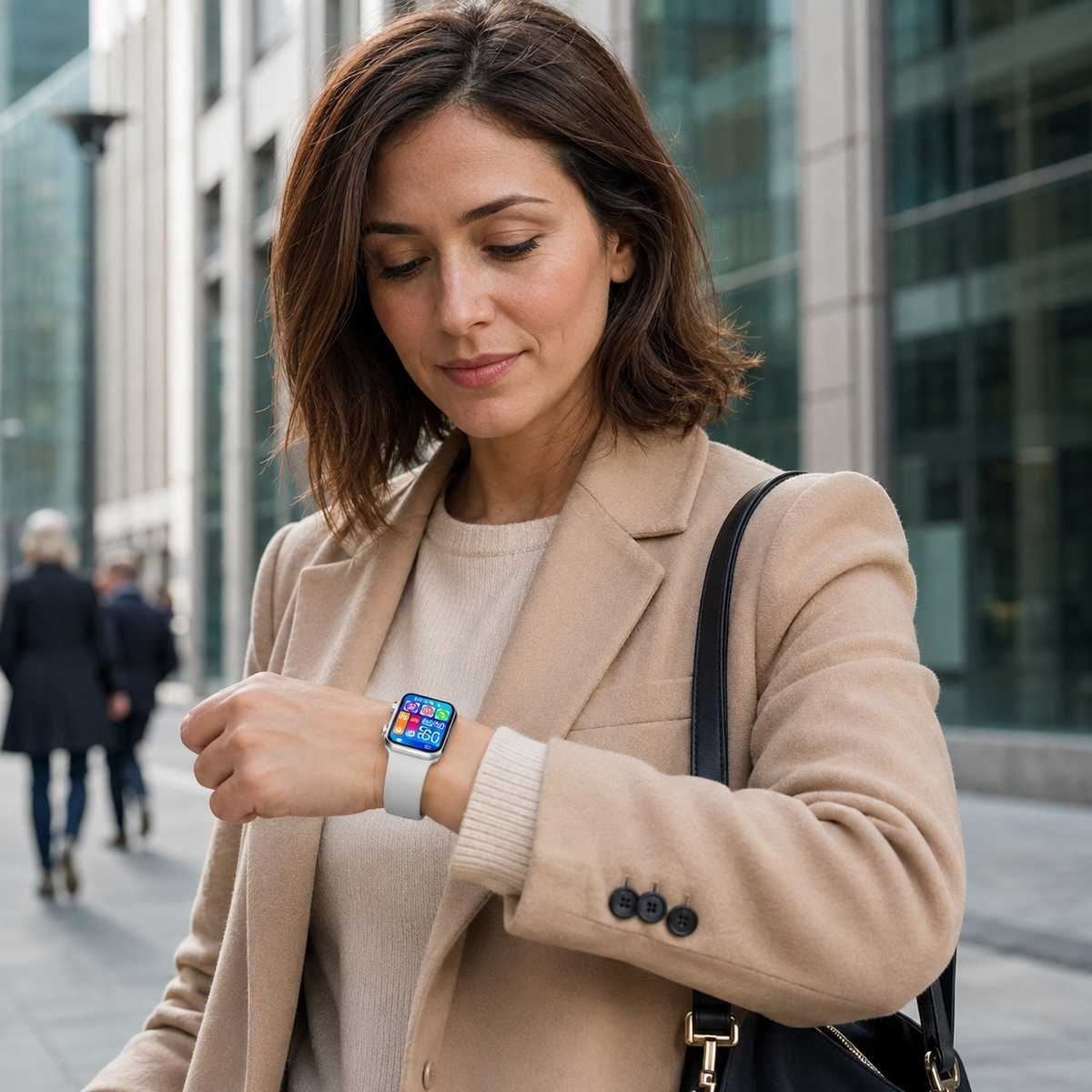 Mulher a consultar o Smartwatch P98 num moderno distrito empresarial
