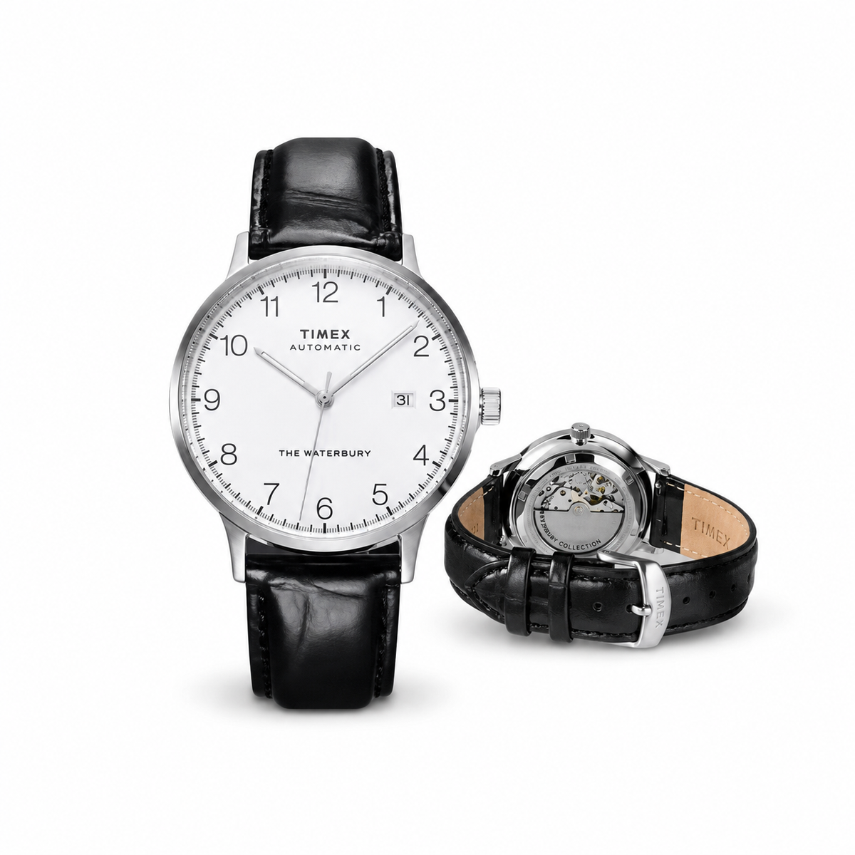 Relógio TIMEX Waterbury automático branco, vista frontal e traseira