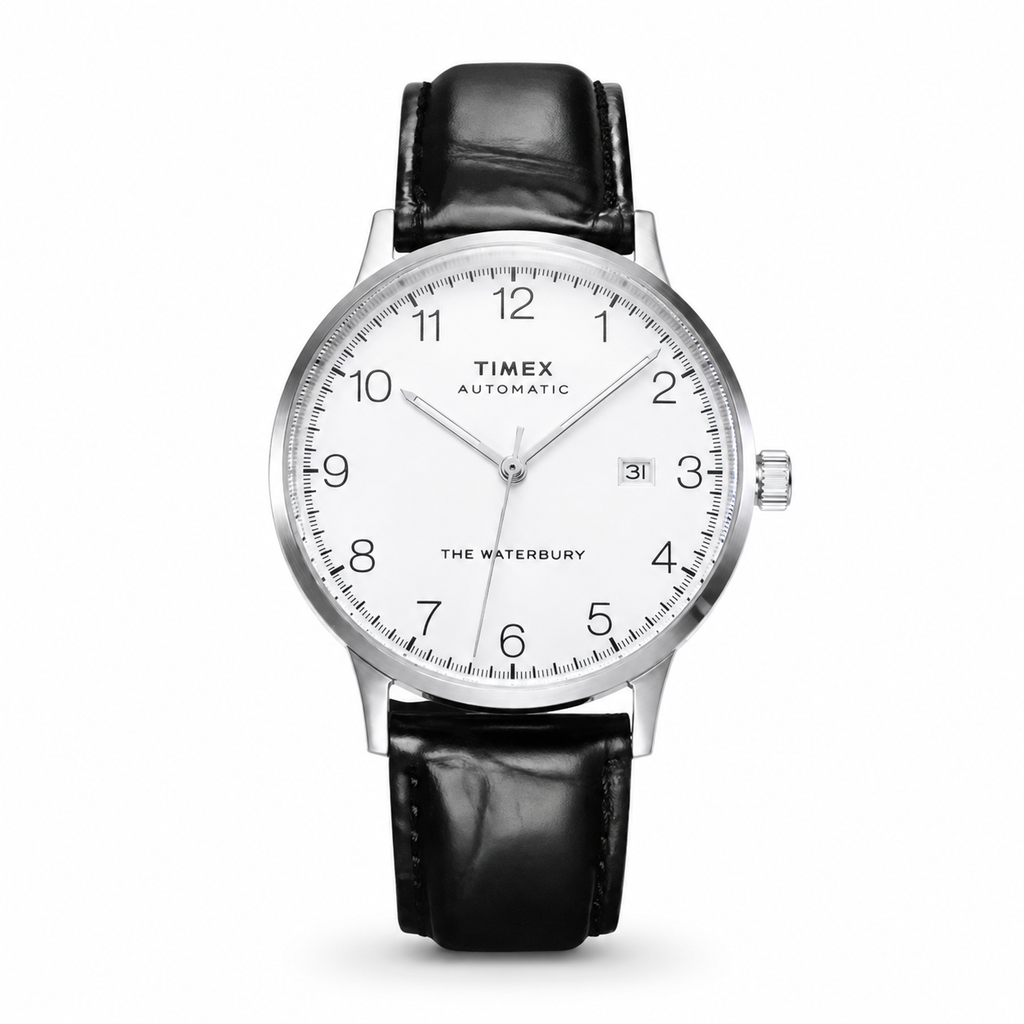Relógio TIMEX Waterbury automático branco em fundo branco