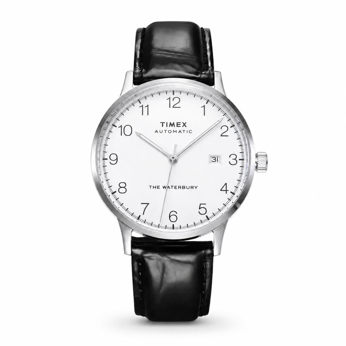 Relógio TIMEX Waterbury automático branco em fundo branco