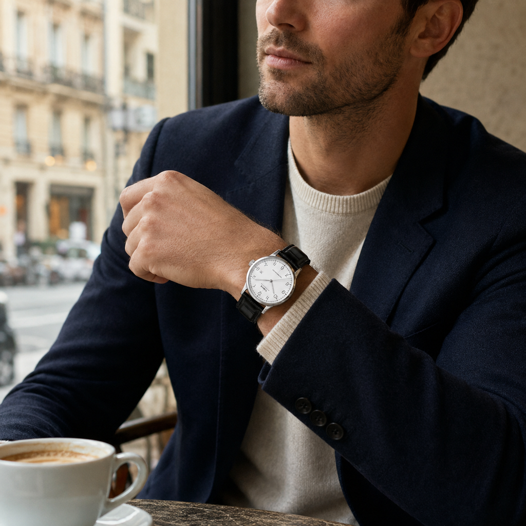 Homem a usar relógio TIMEX Waterbury branco num café urbano