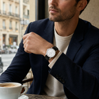 Homem a usar relógio TIMEX Waterbury branco num café urbano
