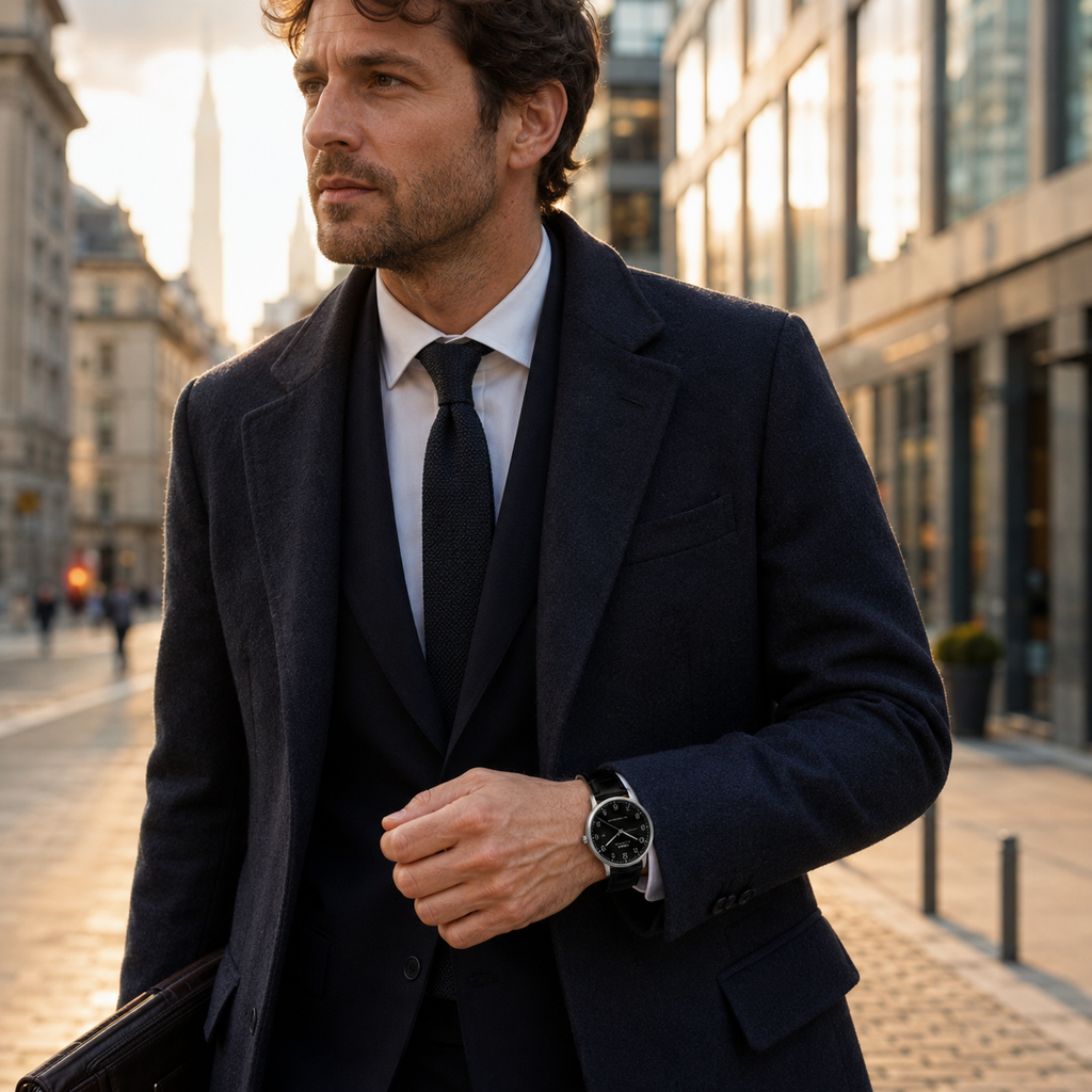 Homem a usar relógio TIMEX Waterbury preto em ambiente urbano