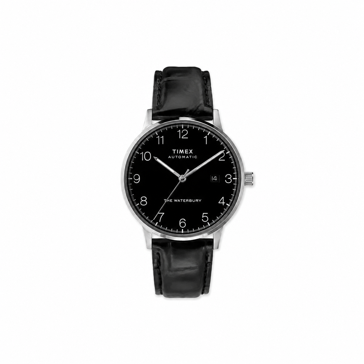 Relógio TIMEX Waterbury automático preto em fundo branco